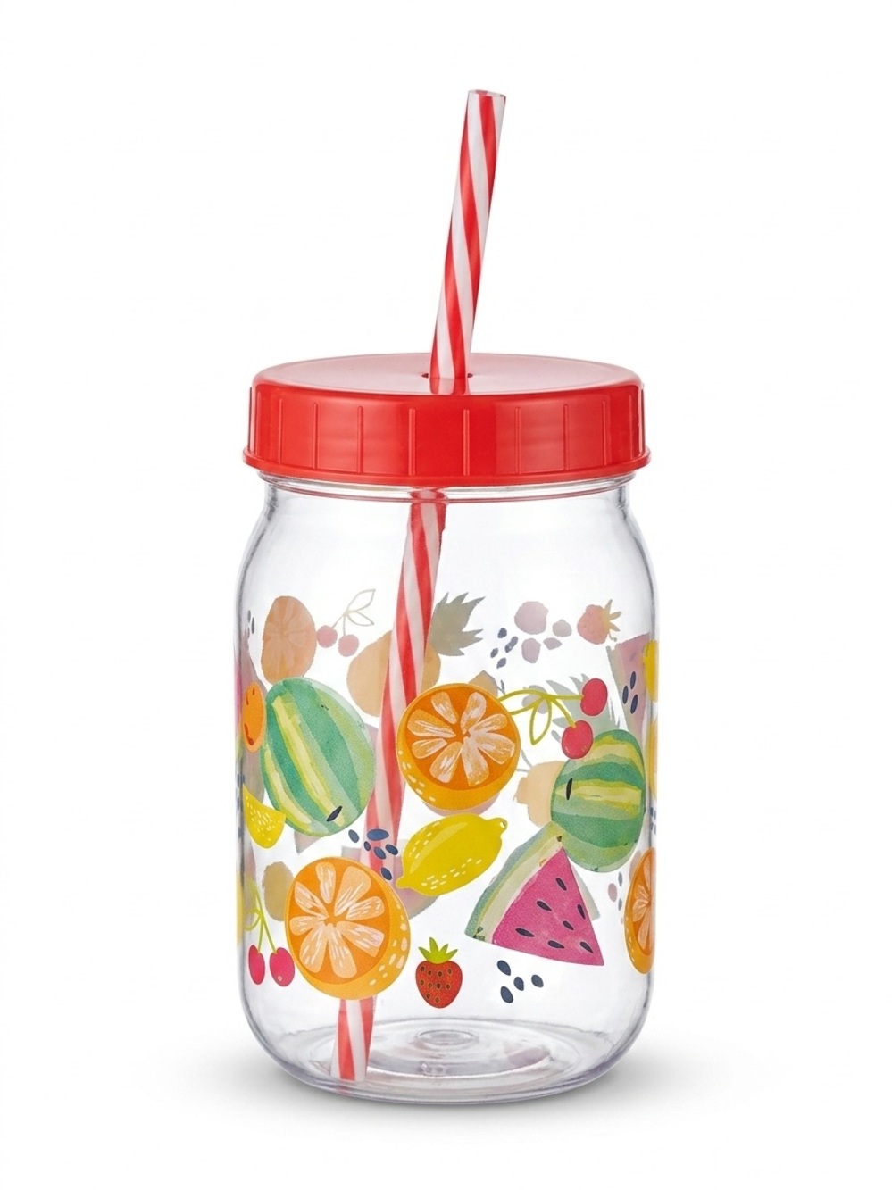 Fruit Print Mason Jar Tumbler with Red Lid and Straw